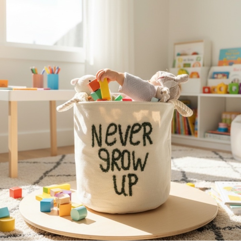 Never Grow Up Storage Canvas Basket with Wovan Handles